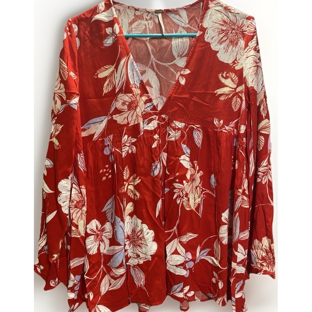 Free People‎ Red Floral V-Neck Babydoll Long Sleeve Top XS Boho Flowy Blouse